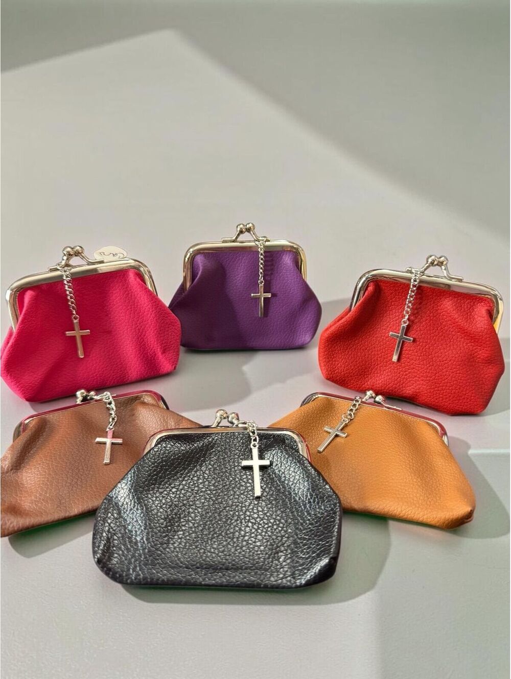Mini Kiss Lock Coin Purse Cross Charm Faux Leather (Choose Color) 2”x3”